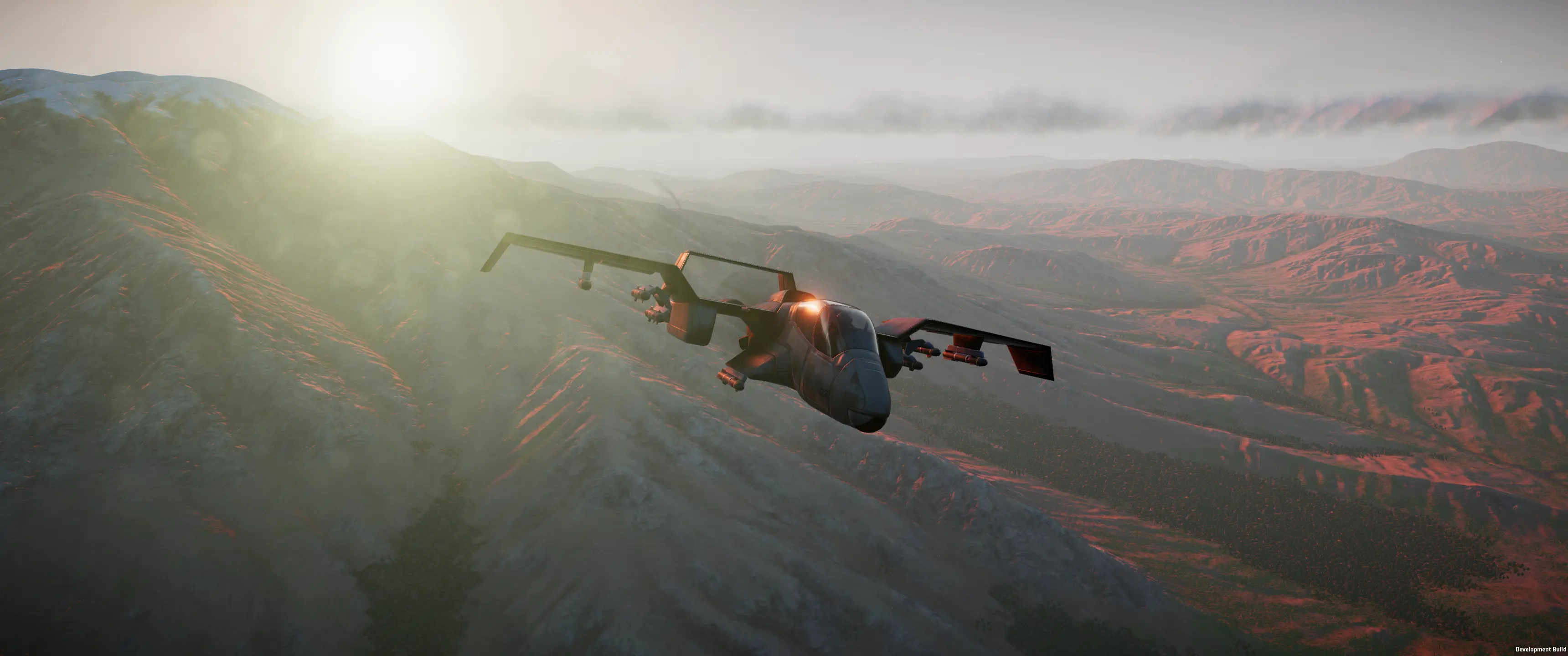 Beautiful photo of a CI-22 Cricket flying away from a mountain while the sun is setting